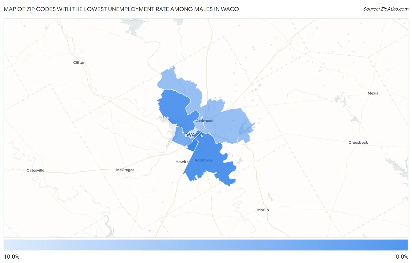 Zip Codes with the Lowest Unemployment Rate Among Males in Waco Map