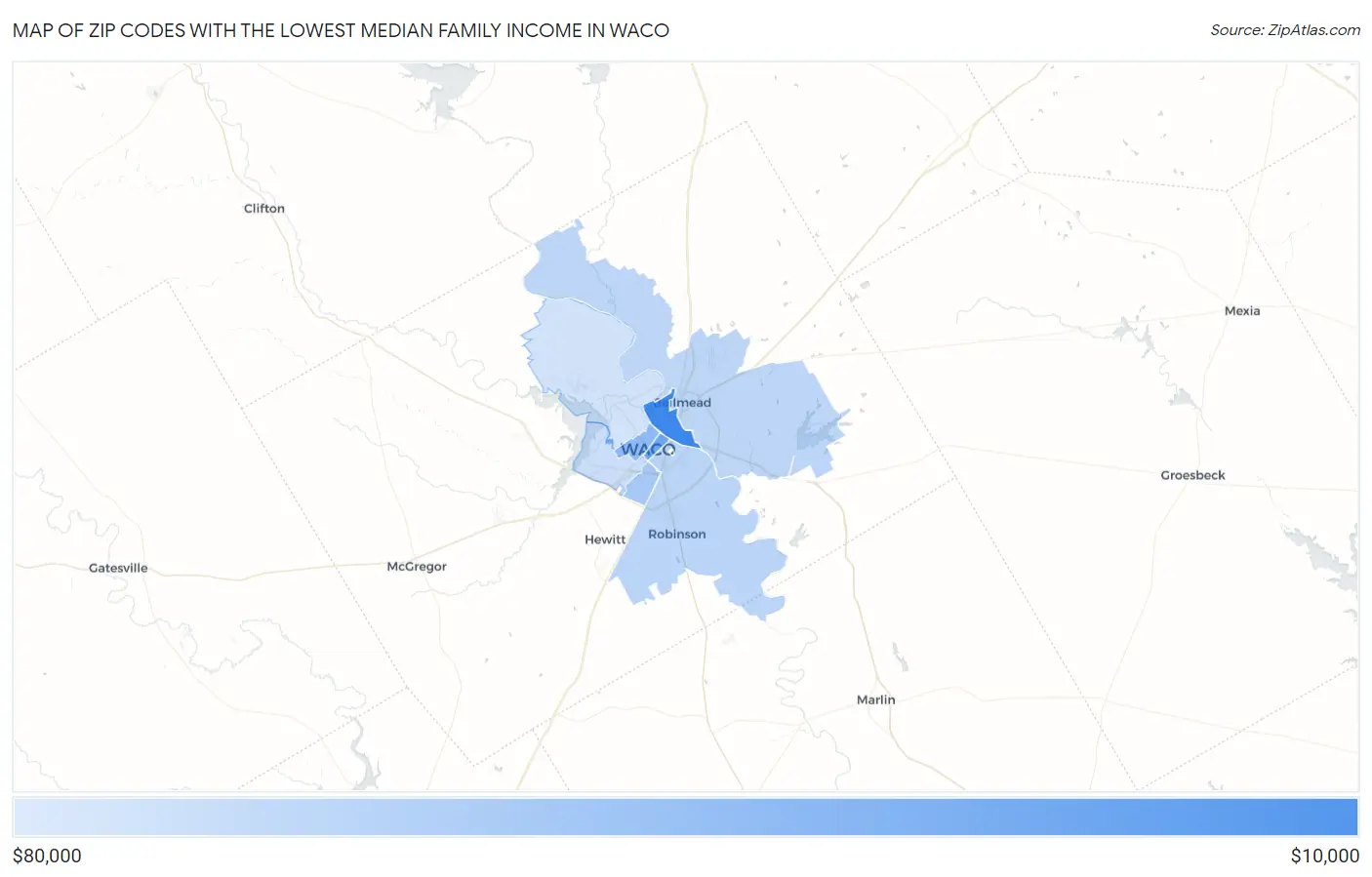 Zip Codes with the Lowest Median Family Income in Waco Map