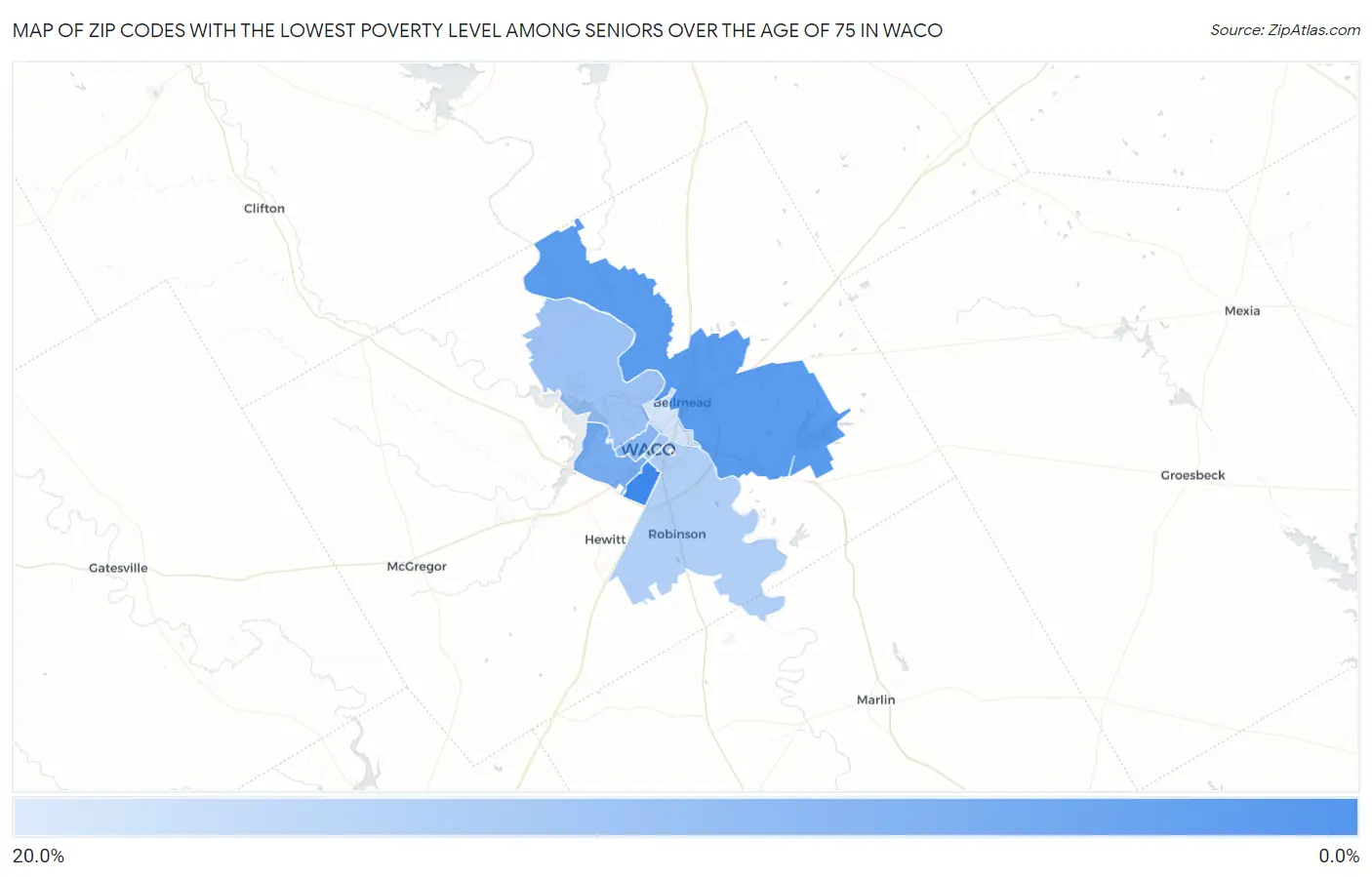 Zip Codes with the Lowest Poverty Level Among Seniors Over the Age of 75 in Waco Map