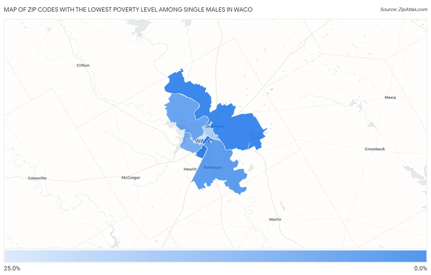 Zip Codes with the Lowest Poverty Level Among Single Males in Waco Map