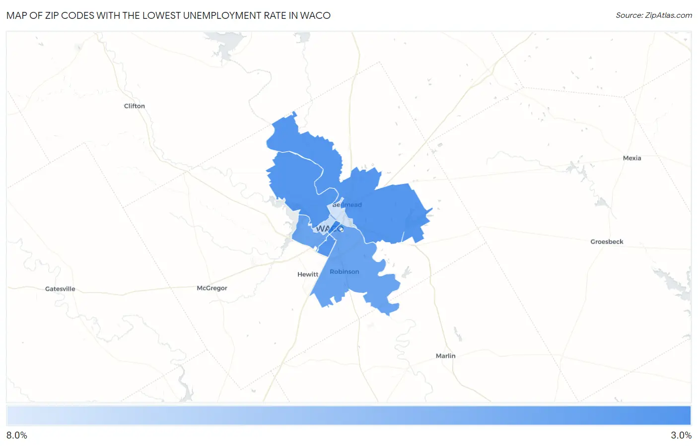 Zip Codes with the Lowest Unemployment Rate in Waco Map
