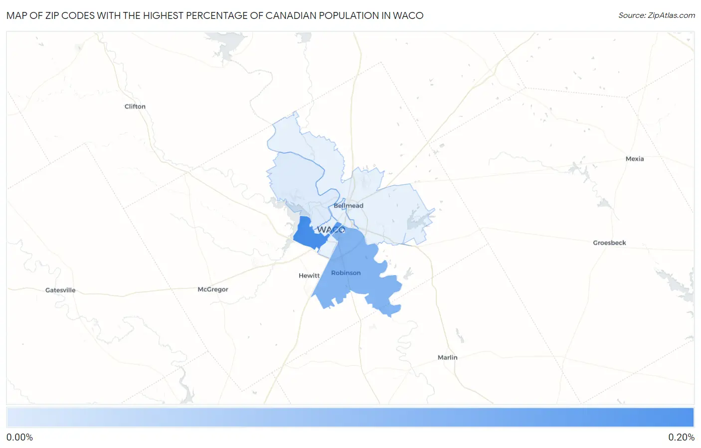 Zip Codes with the Highest Percentage of Canadian Population in Waco Map