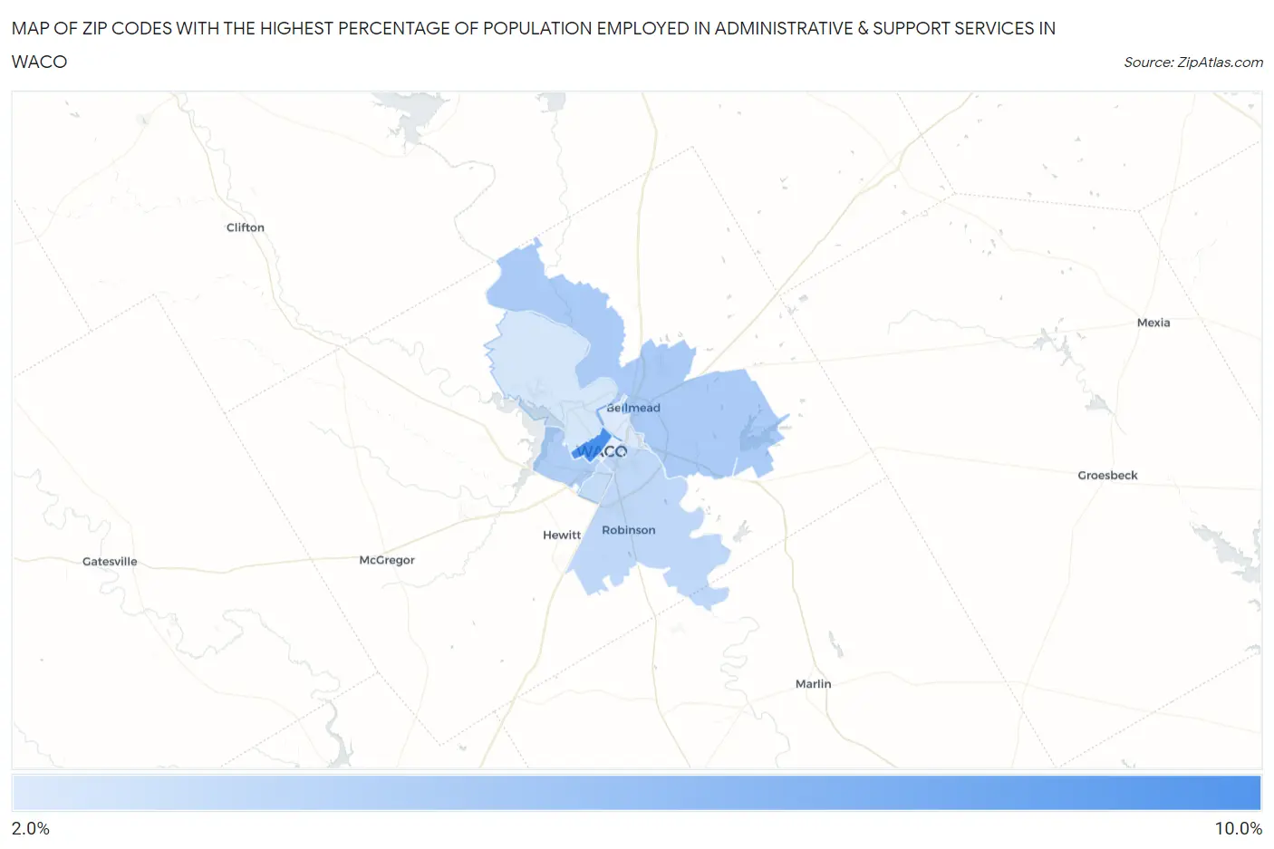 Zip Codes with the Highest Percentage of Population Employed in Administrative & Support Services in Waco Map
