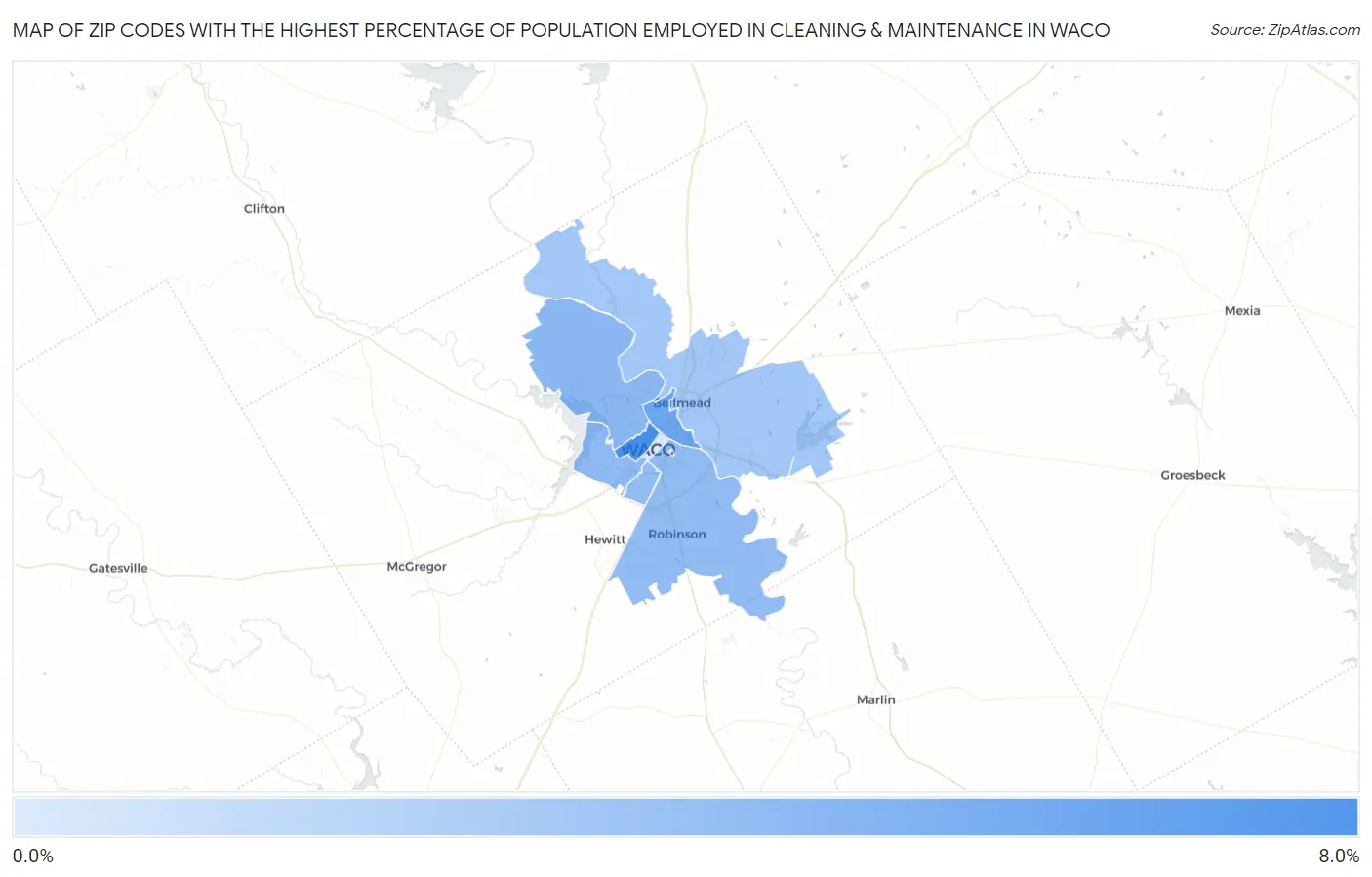 Zip Codes with the Highest Percentage of Population Employed in Cleaning & Maintenance in Waco Map
