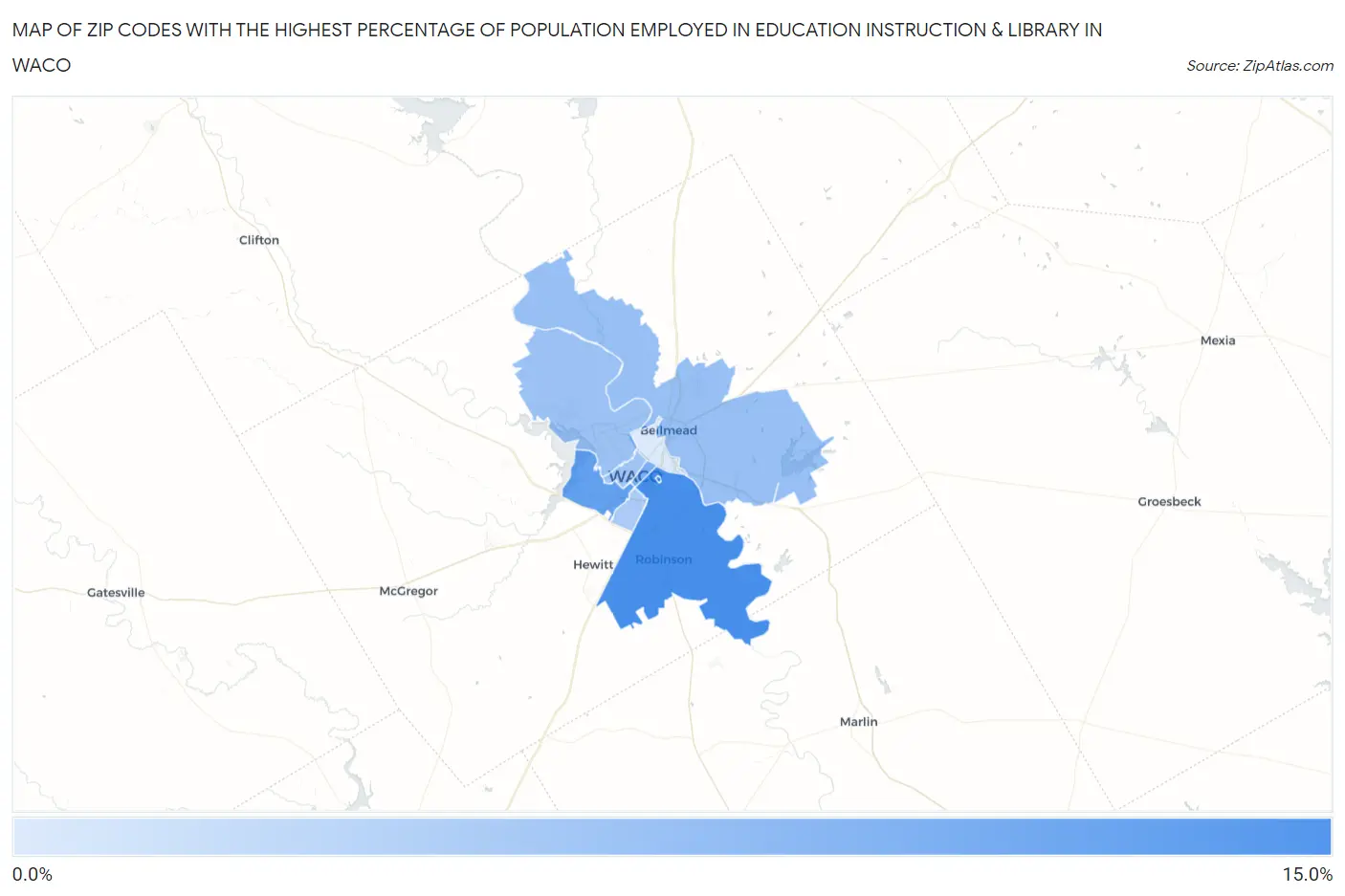 Zip Codes with the Highest Percentage of Population Employed in Education Instruction & Library in Waco Map