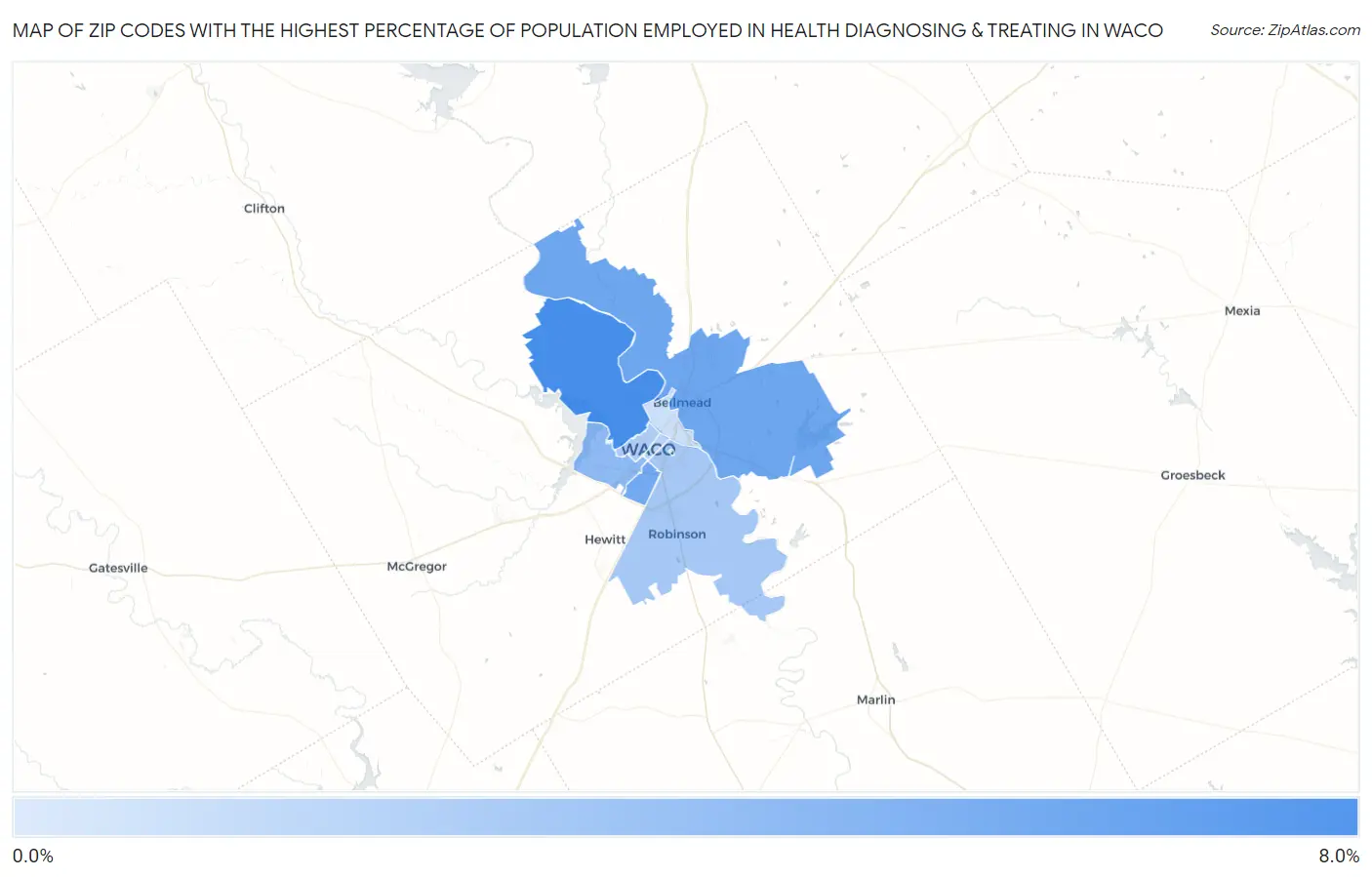 Zip Codes with the Highest Percentage of Population Employed in Health Diagnosing & Treating in Waco Map