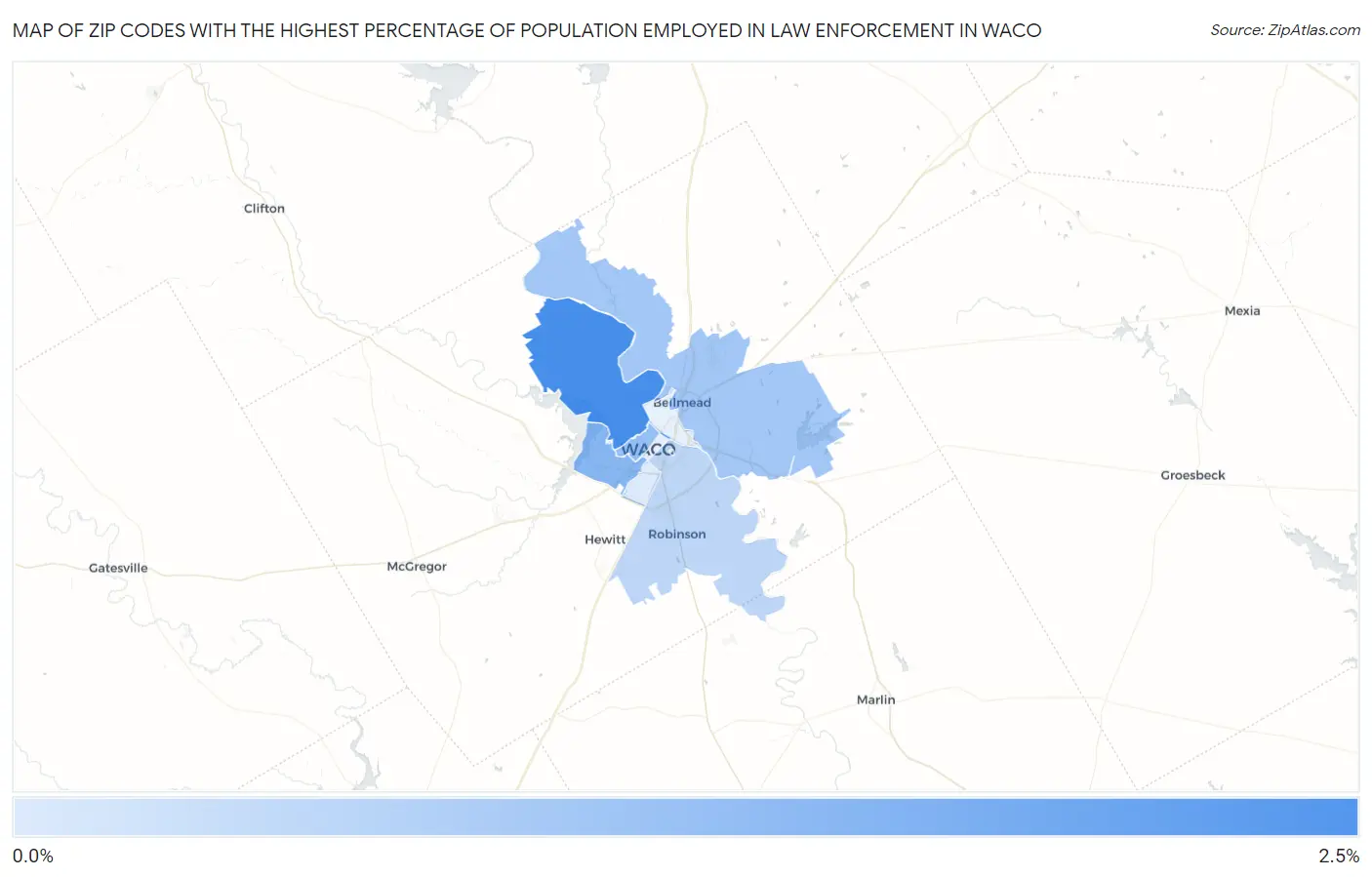 Zip Codes with the Highest Percentage of Population Employed in Law Enforcement in Waco Map