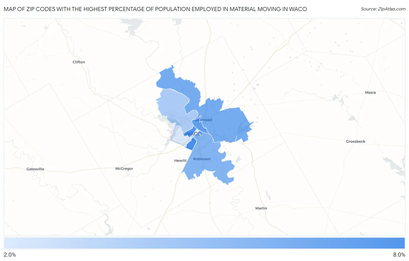 Zip Codes with the Highest Percentage of Population Employed in Material Moving in Waco Map
