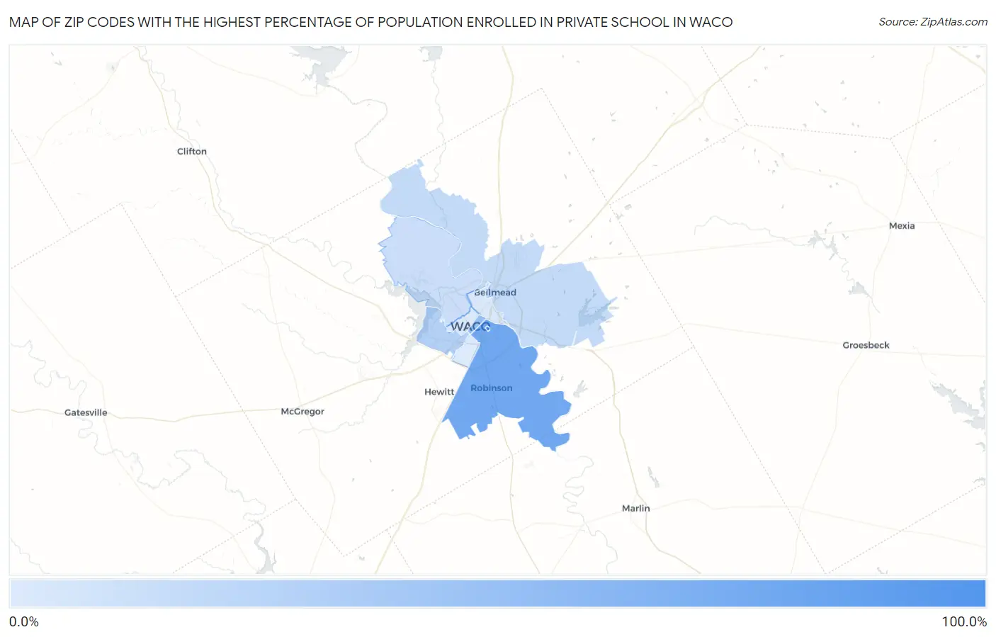 Zip Codes with the Highest Percentage of Population Enrolled in Private School in Waco Map