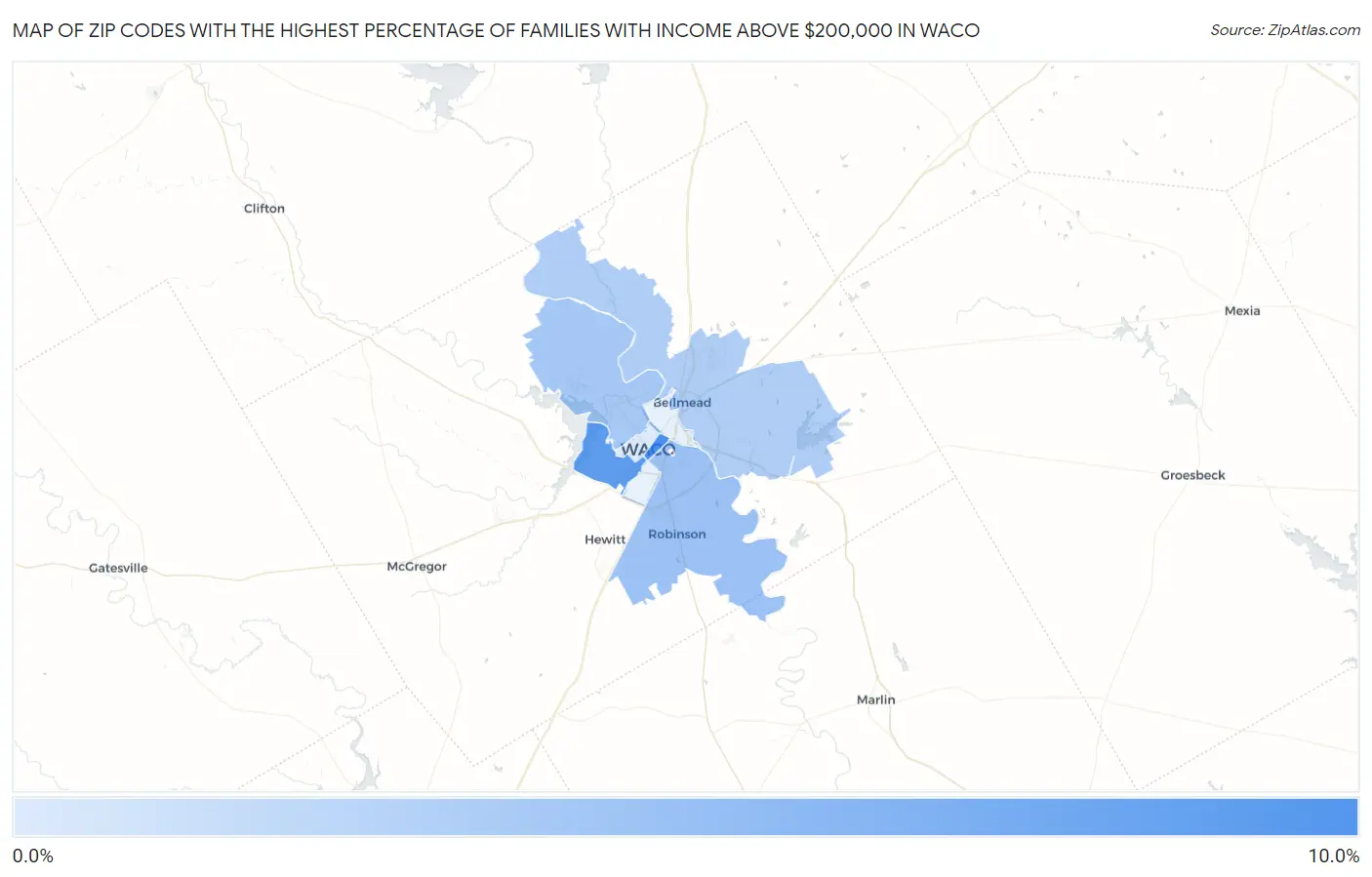 Zip Codes with the Highest Percentage of Families with Income Above $200,000 in Waco Map