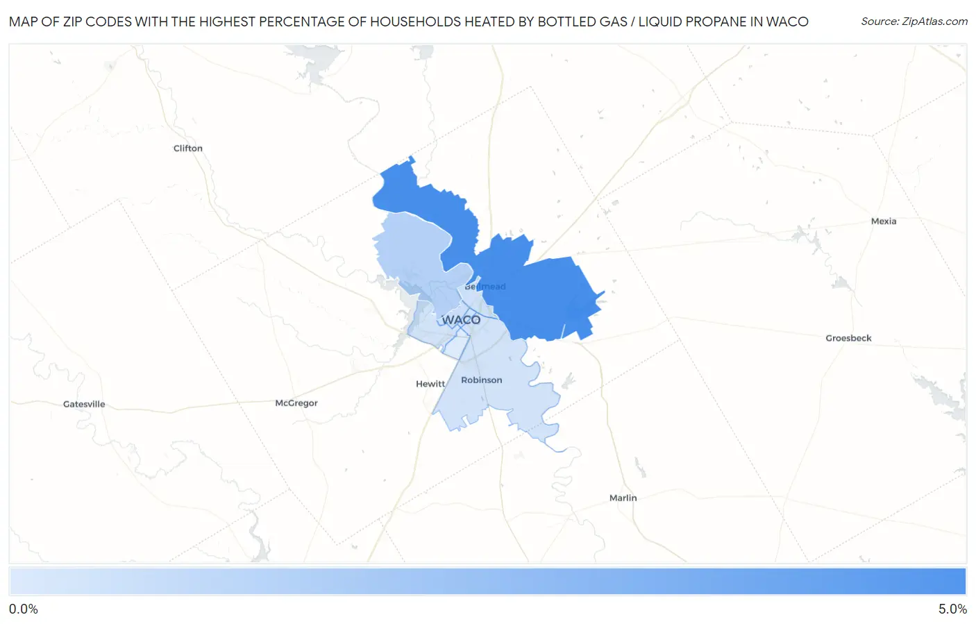 Zip Codes with the Highest Percentage of Households Heated by Bottled Gas / Liquid Propane in Waco Map