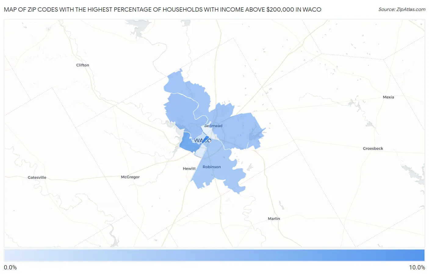 Zip Codes with the Highest Percentage of Households with Income Above $200,000 in Waco Map