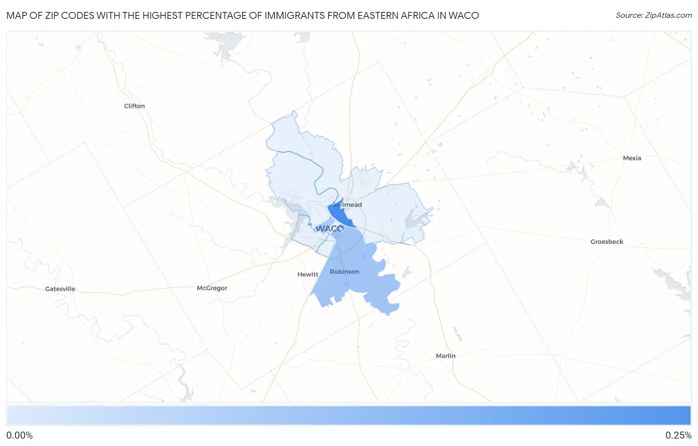 Zip Codes with the Highest Percentage of Immigrants from Eastern Africa in Waco Map