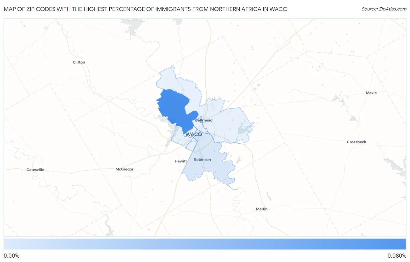 Zip Codes with the Highest Percentage of Immigrants from Northern Africa in Waco Map