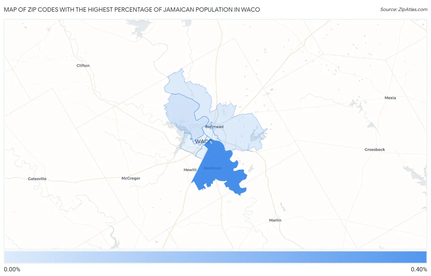 Zip Codes with the Highest Percentage of Jamaican Population in Waco Map
