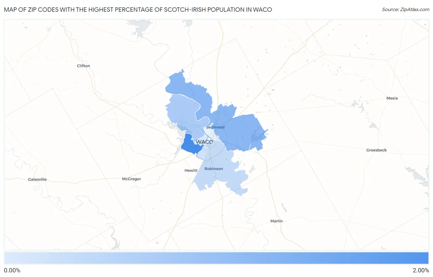 Zip Codes with the Highest Percentage of Scotch-Irish Population in Waco Map