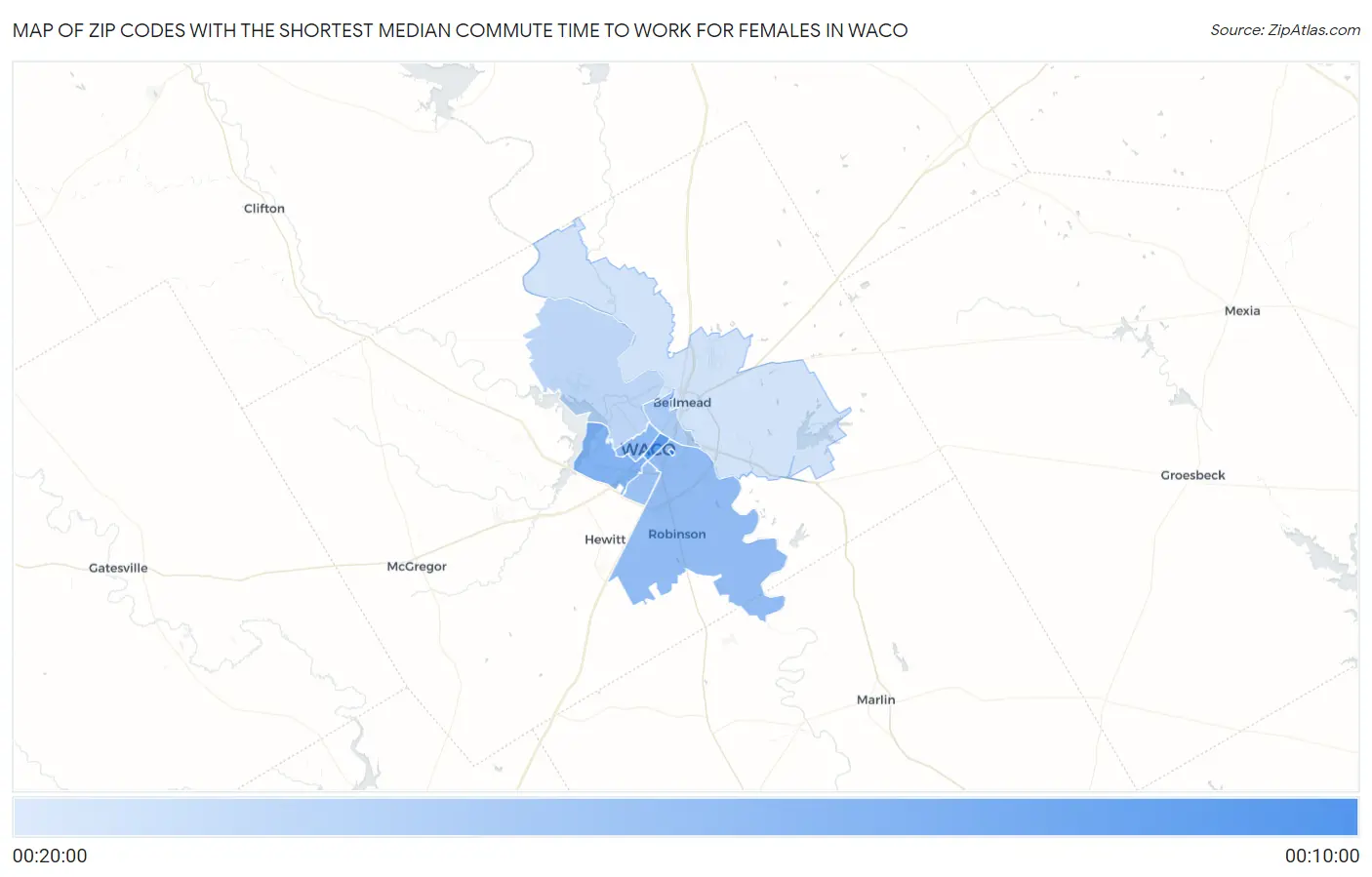 Zip Codes with the Shortest Median Commute Time to Work for Females in Waco Map