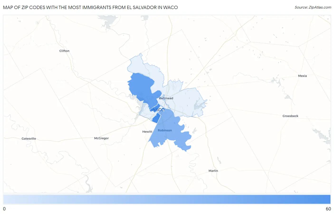 Zip Codes with the Most Immigrants from El Salvador in Waco Map