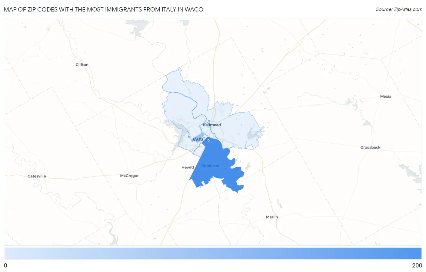 Zip Codes with the Most Immigrants from Italy in Waco Map