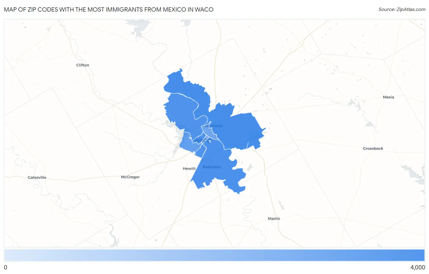 Zip Codes with the Most Immigrants from Mexico in Waco Map