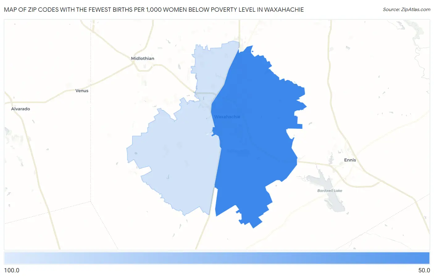 Zip Codes with the Fewest Births per 1,000 Women Below Poverty Level in Waxahachie Map