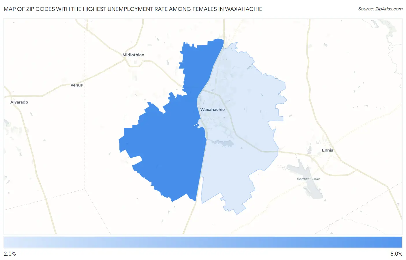 Zip Codes with the Highest Unemployment Rate Among Females in Waxahachie Map