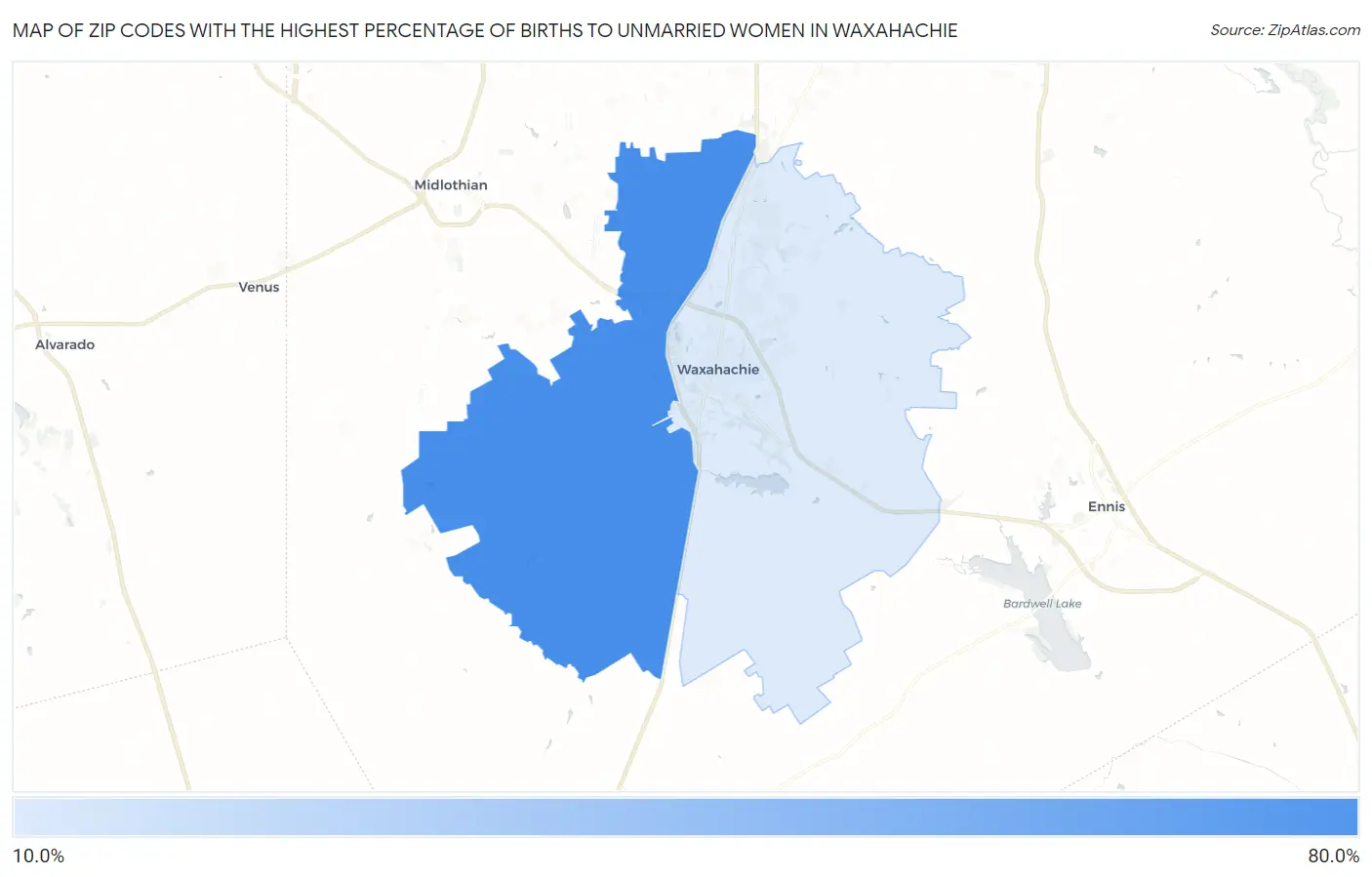 Zip Codes with the Highest Percentage of Births to Unmarried Women in Waxahachie Map