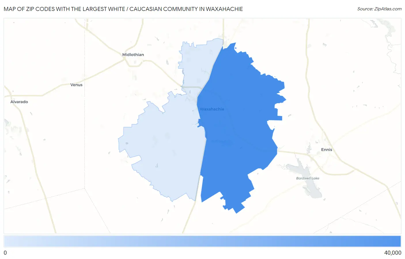 Zip Codes with the Largest White / Caucasian Community in Waxahachie Map