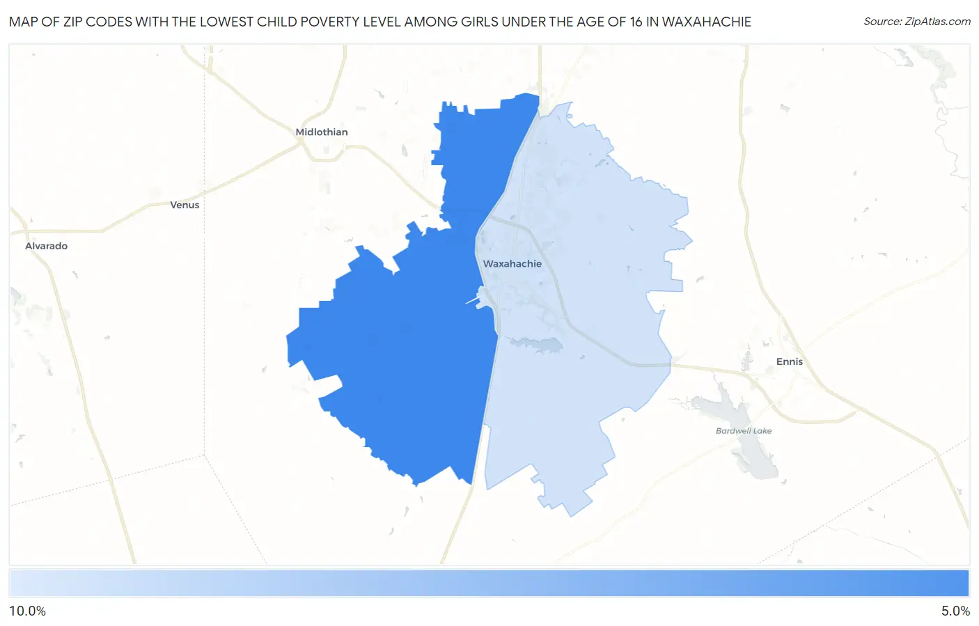 Zip Codes with the Lowest Child Poverty Level Among Girls Under the Age of 16 in Waxahachie Map