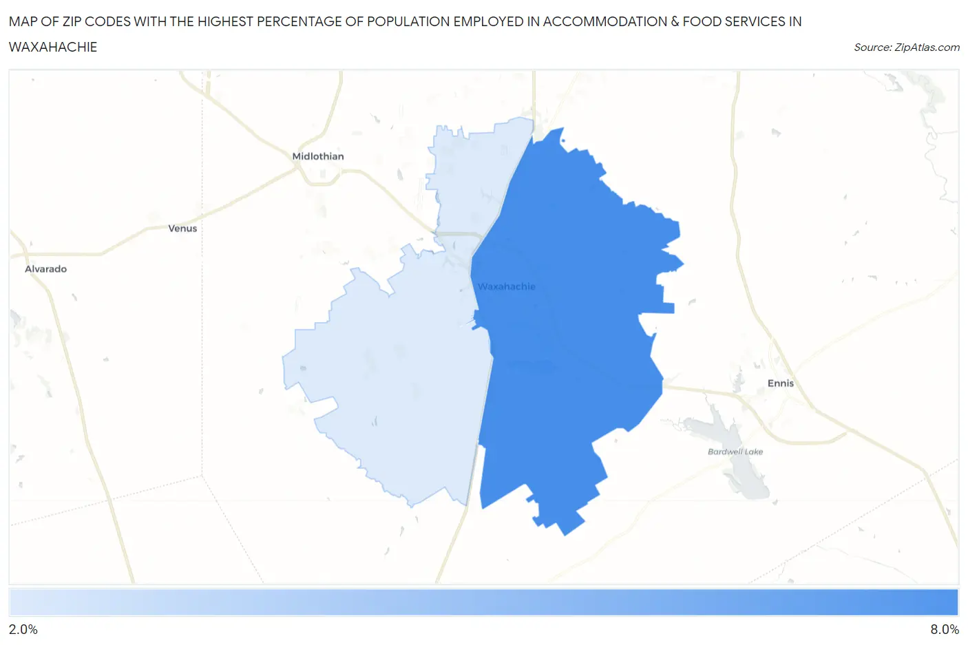 Zip Codes with the Highest Percentage of Population Employed in Accommodation & Food Services in Waxahachie Map