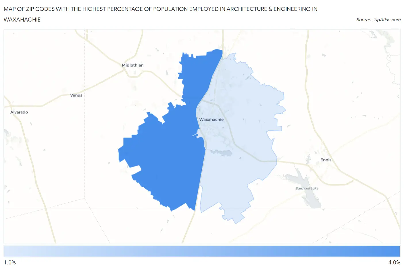 Zip Codes with the Highest Percentage of Population Employed in Architecture & Engineering in Waxahachie Map