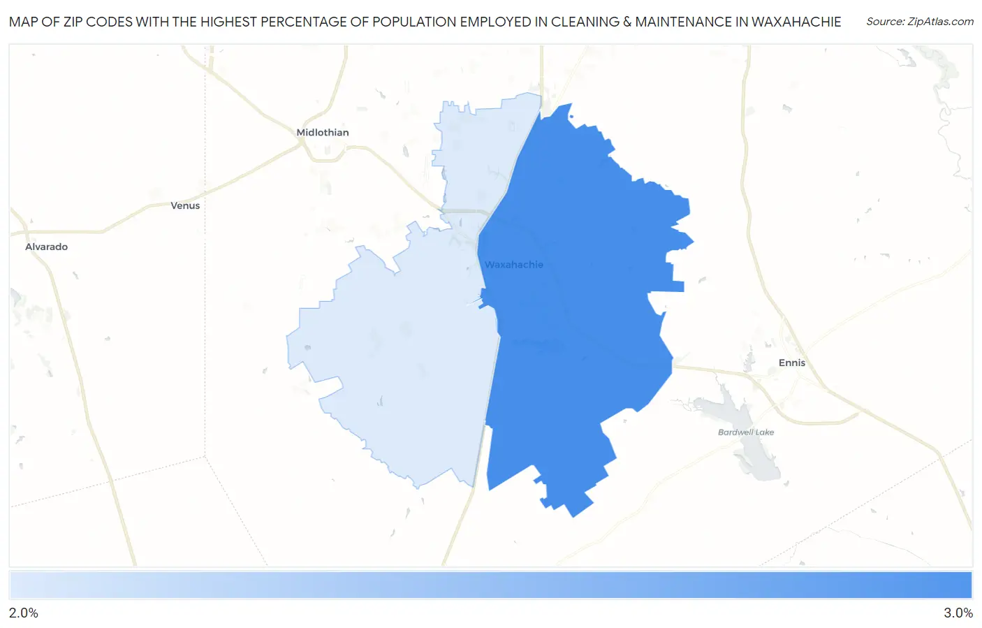 Zip Codes with the Highest Percentage of Population Employed in Cleaning & Maintenance in Waxahachie Map