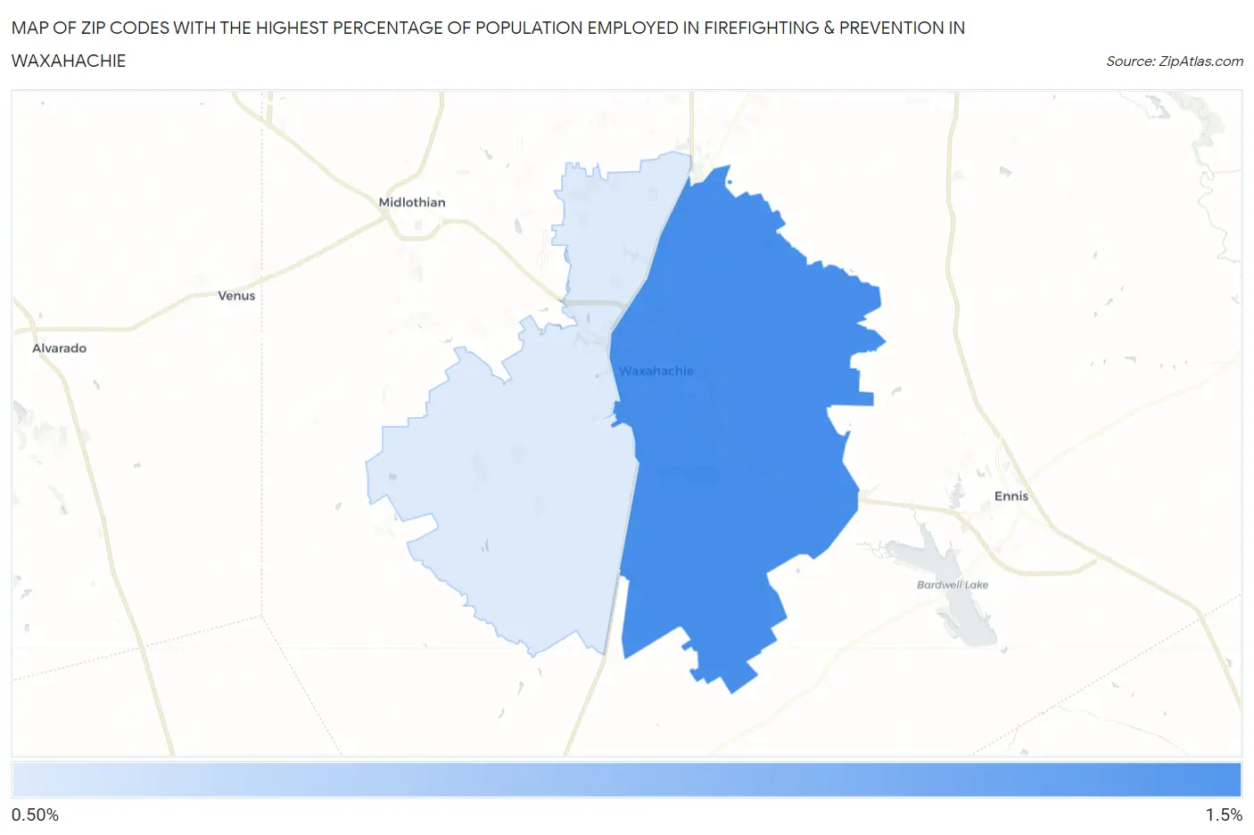 Zip Codes with the Highest Percentage of Population Employed in Firefighting & Prevention in Waxahachie Map