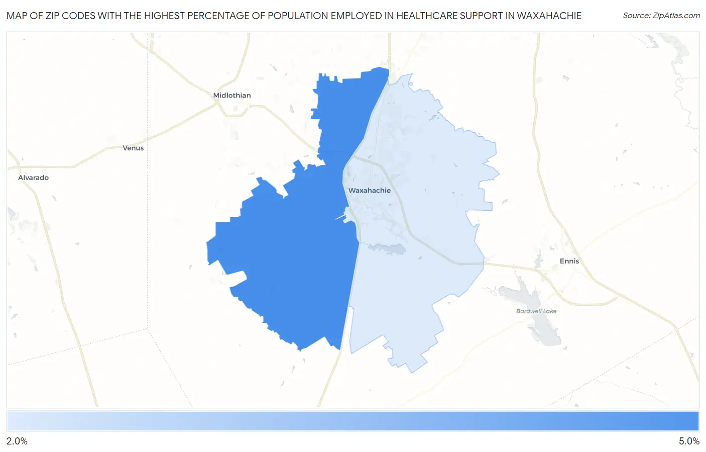 Zip Codes with the Highest Percentage of Population Employed in Healthcare Support in Waxahachie Map