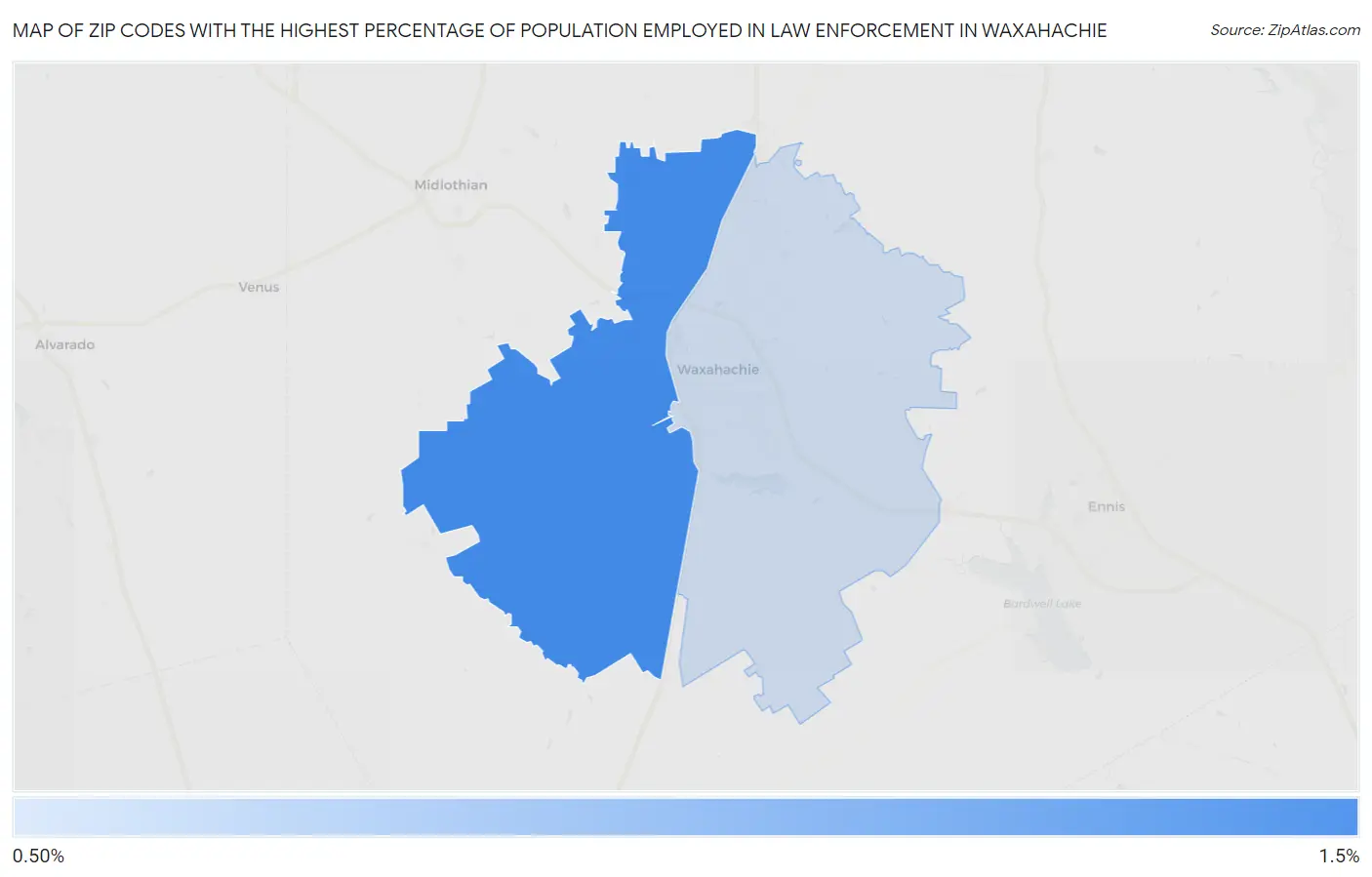 Zip Codes with the Highest Percentage of Population Employed in Law Enforcement in Waxahachie Map