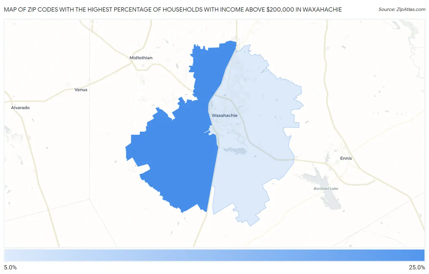 Zip Codes with the Highest Percentage of Households with Income Above $200,000 in Waxahachie Map