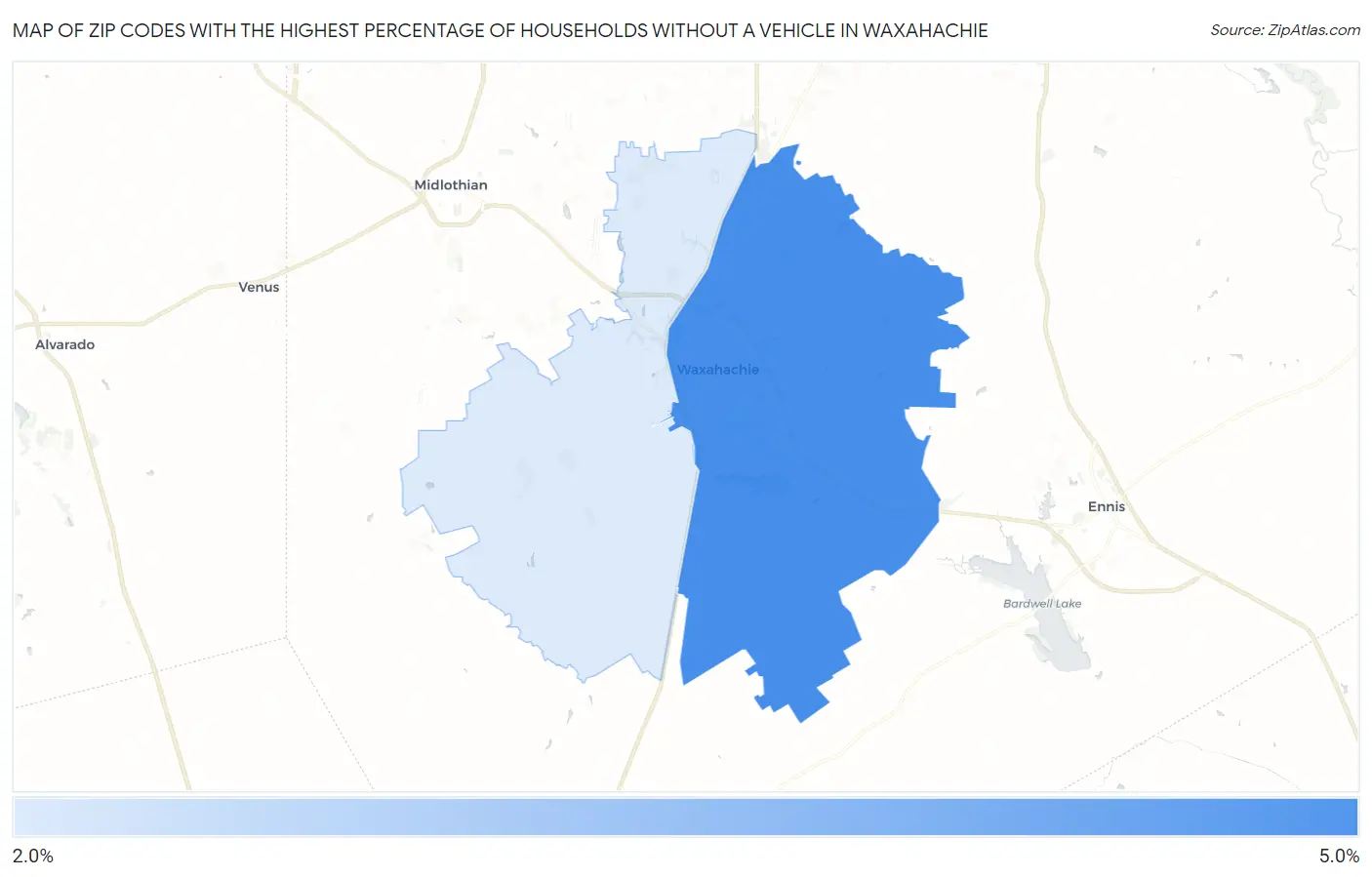 Zip Codes with the Highest Percentage of Households Without a Vehicle in Waxahachie Map