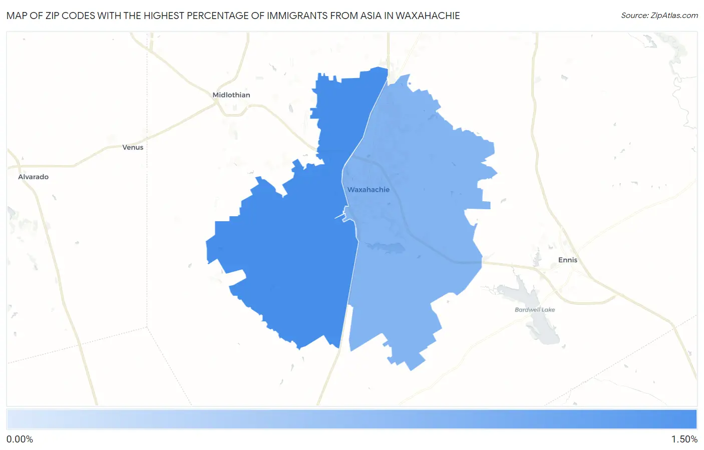 Zip Codes with the Highest Percentage of Immigrants from Asia in Waxahachie Map