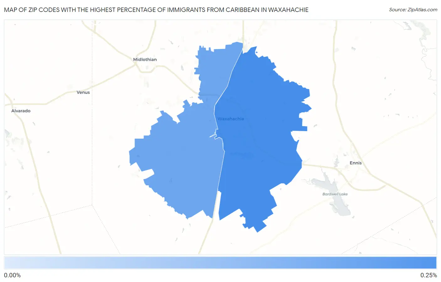 Zip Codes with the Highest Percentage of Immigrants from Caribbean in Waxahachie Map