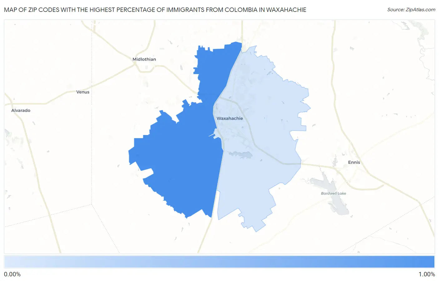 Zip Codes with the Highest Percentage of Immigrants from Colombia in Waxahachie Map