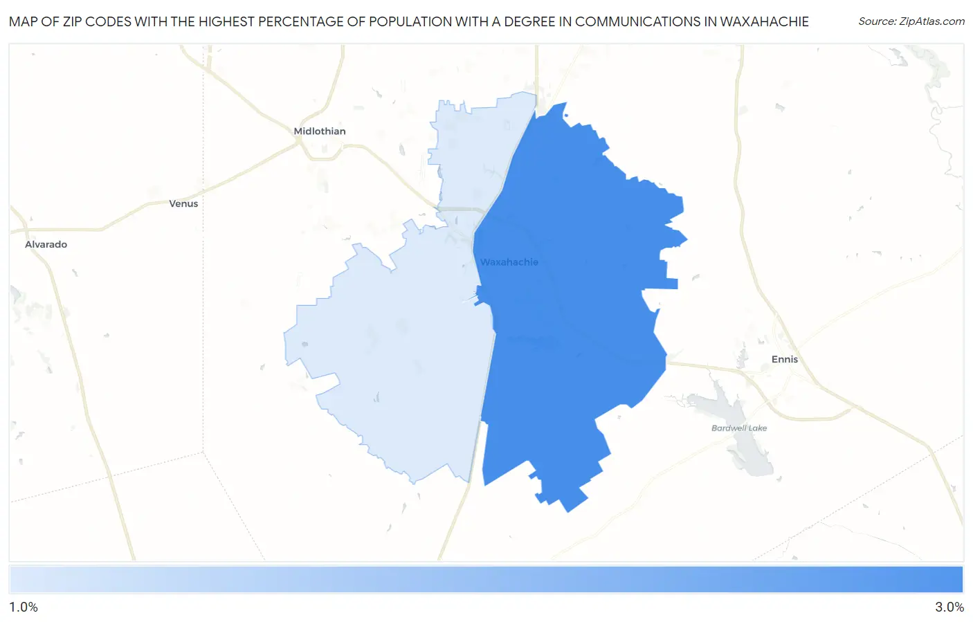 Zip Codes with the Highest Percentage of Population with a Degree in Communications in Waxahachie Map