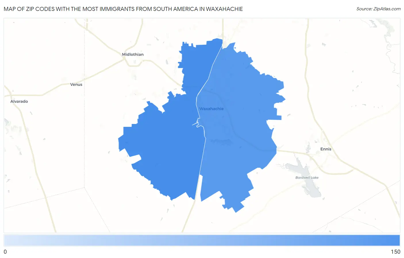 Zip Codes with the Most Immigrants from South America in Waxahachie Map