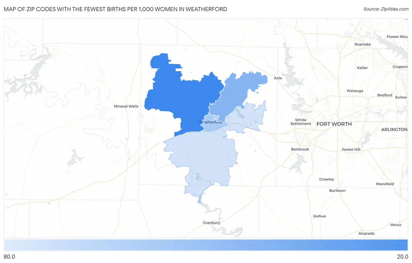Zip Codes with the Fewest Births per 1,000 Women in Weatherford Map