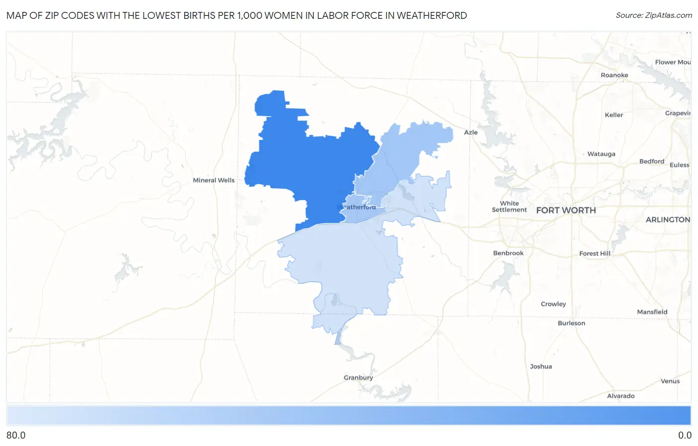 Zip Codes with the Lowest Births per 1,000 Women in Labor Force in Weatherford Map