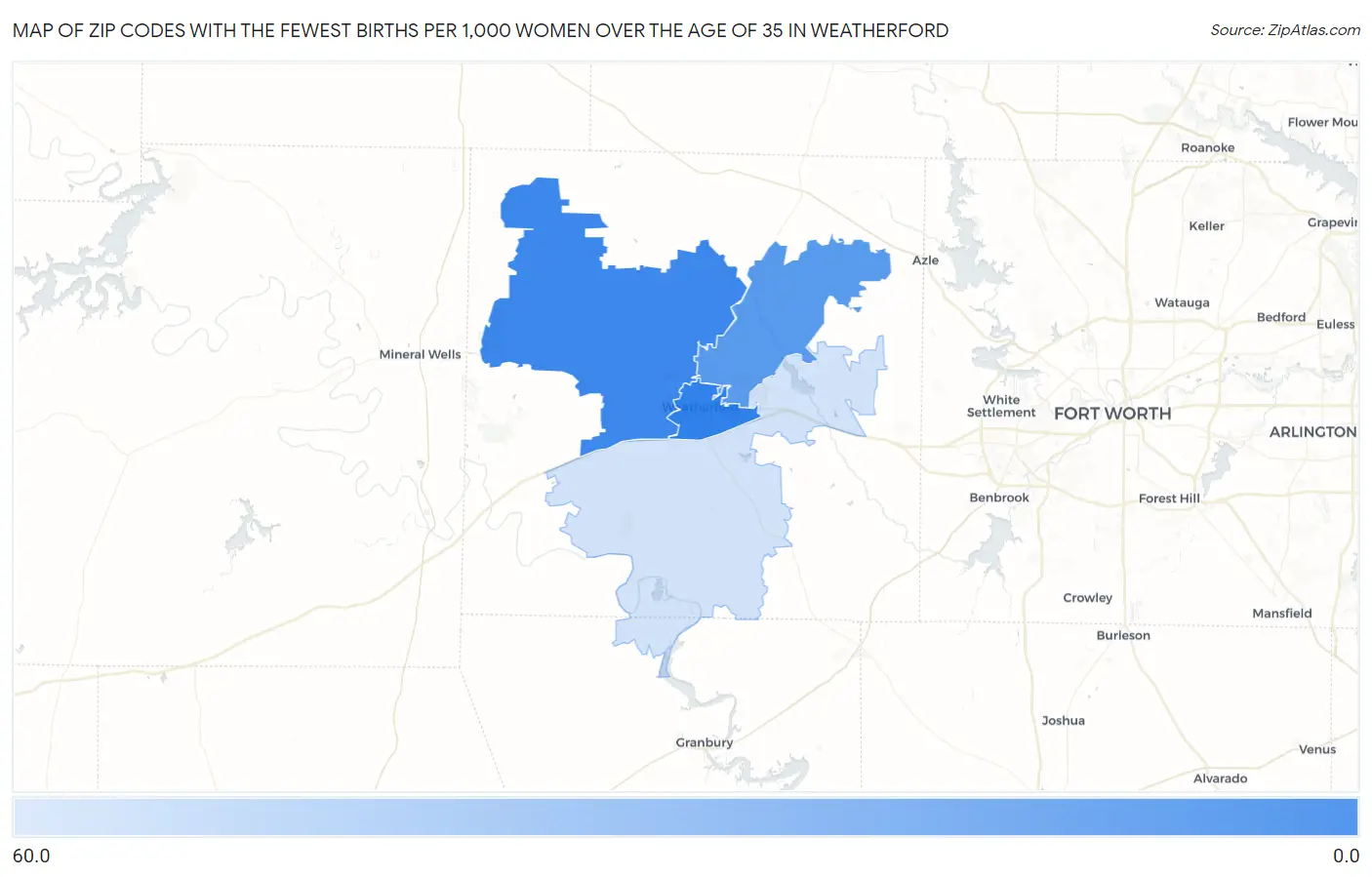 Zip Codes with the Fewest Births per 1,000 Women Over the Age of 35 in Weatherford Map