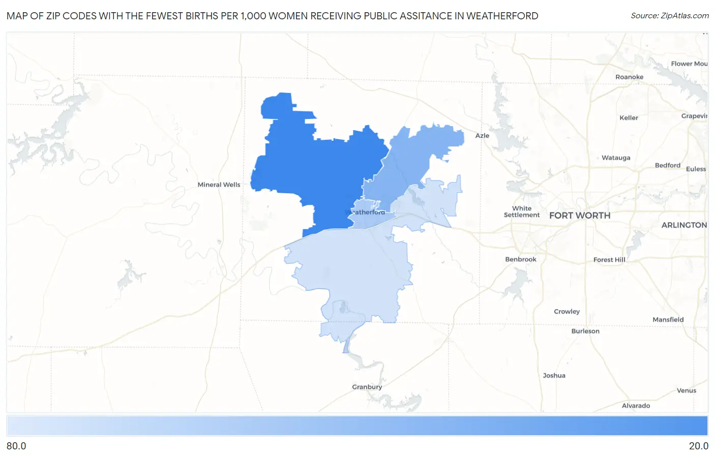 Zip Codes with the Fewest Births per 1,000 Women Receiving Public Assitance in Weatherford Map