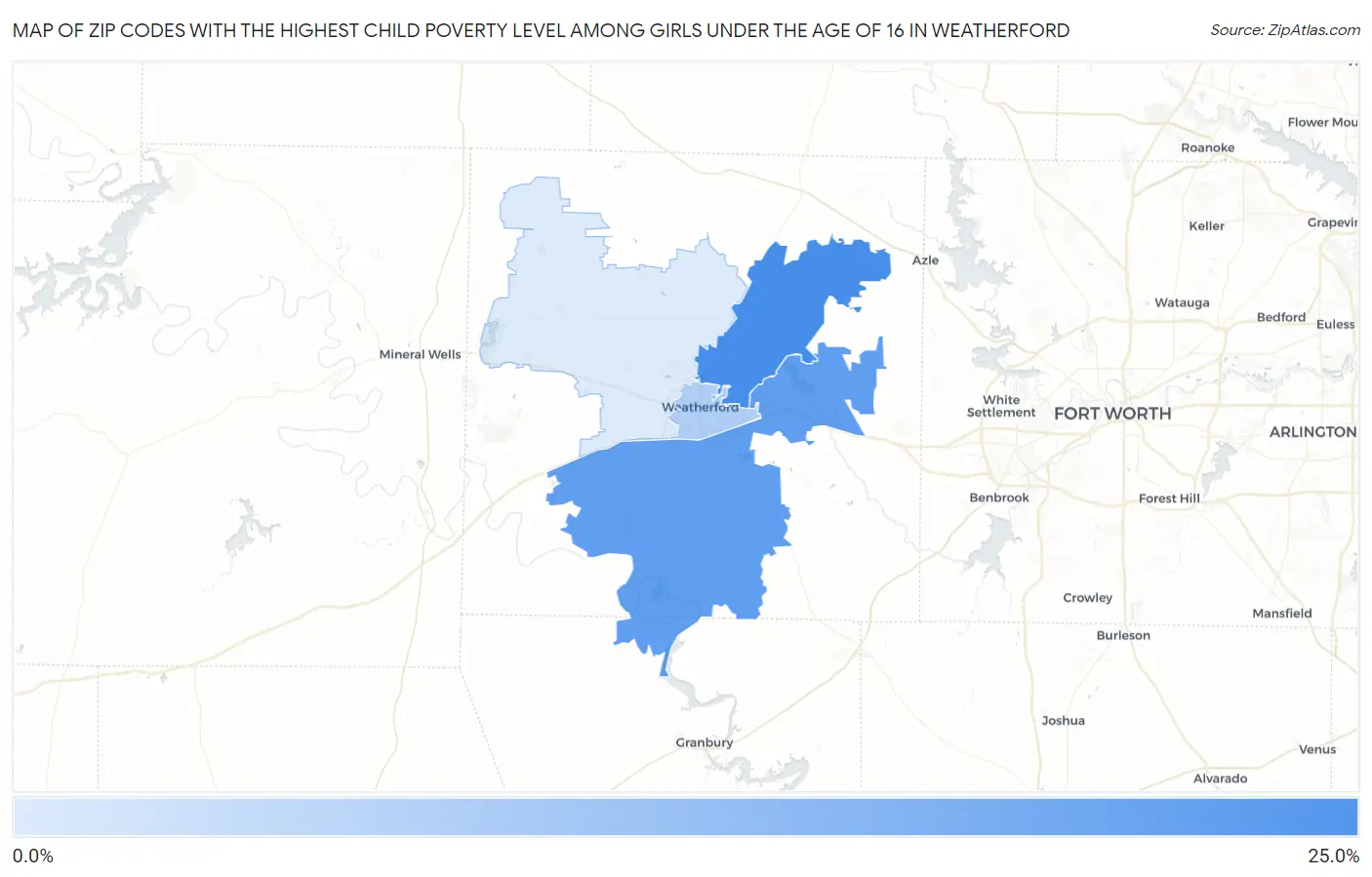 Zip Codes with the Highest Child Poverty Level Among Girls Under the Age of 16 in Weatherford Map