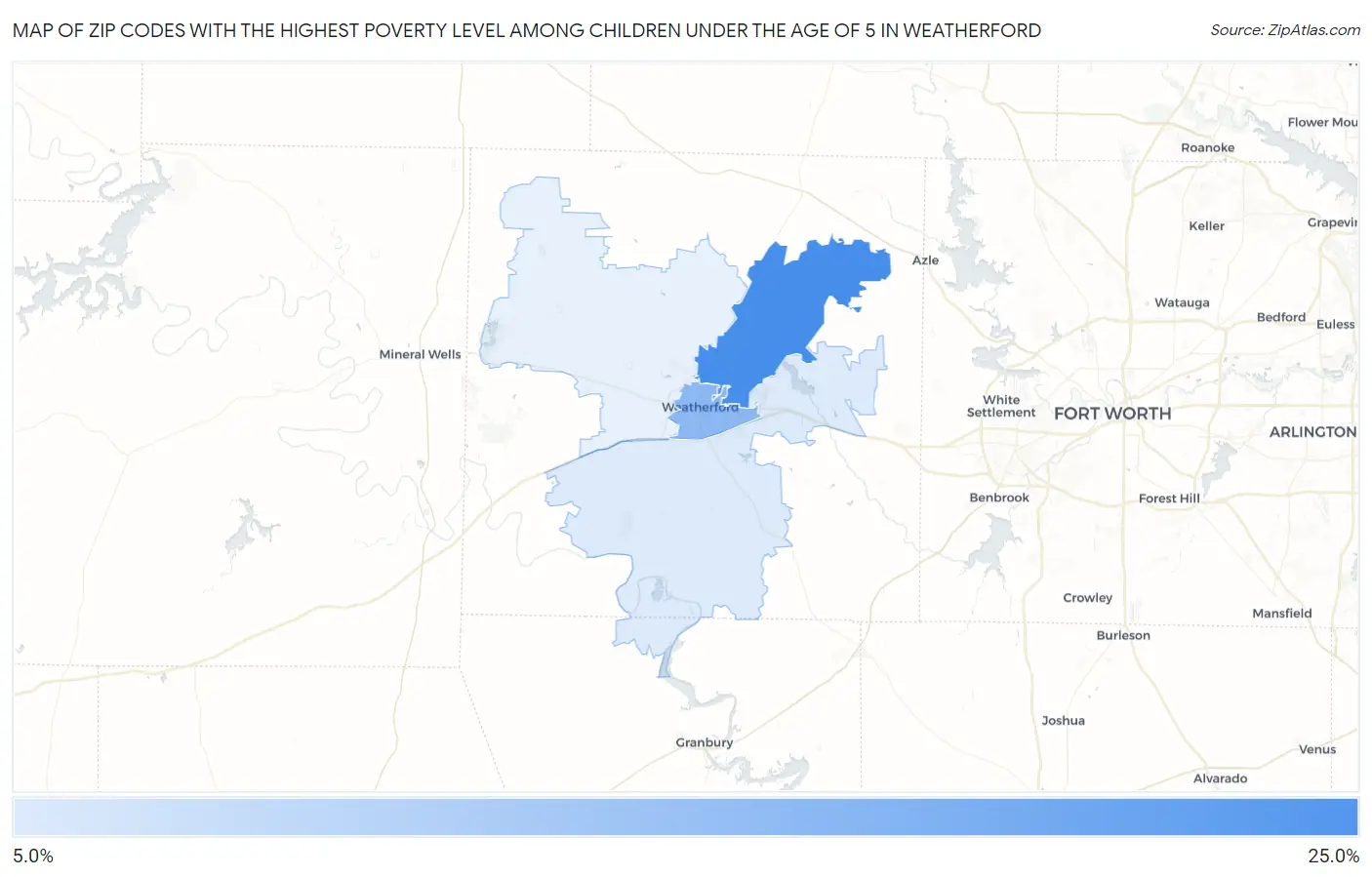 Zip Codes with the Highest Poverty Level Among Children Under the Age of 5 in Weatherford Map