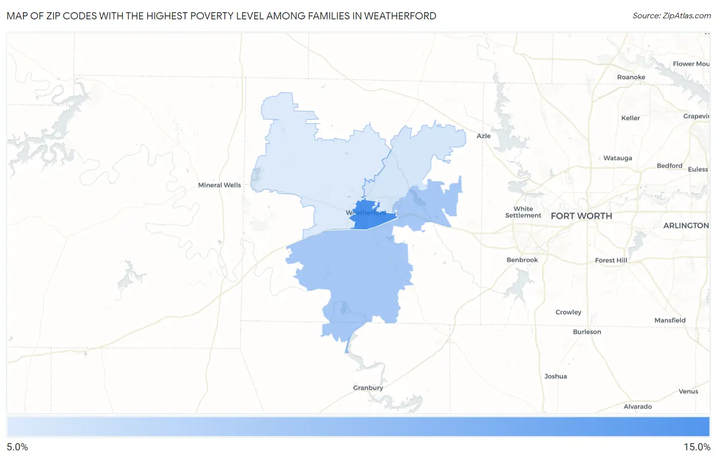 Zip Codes with the Highest Poverty Level Among Families in Weatherford Map