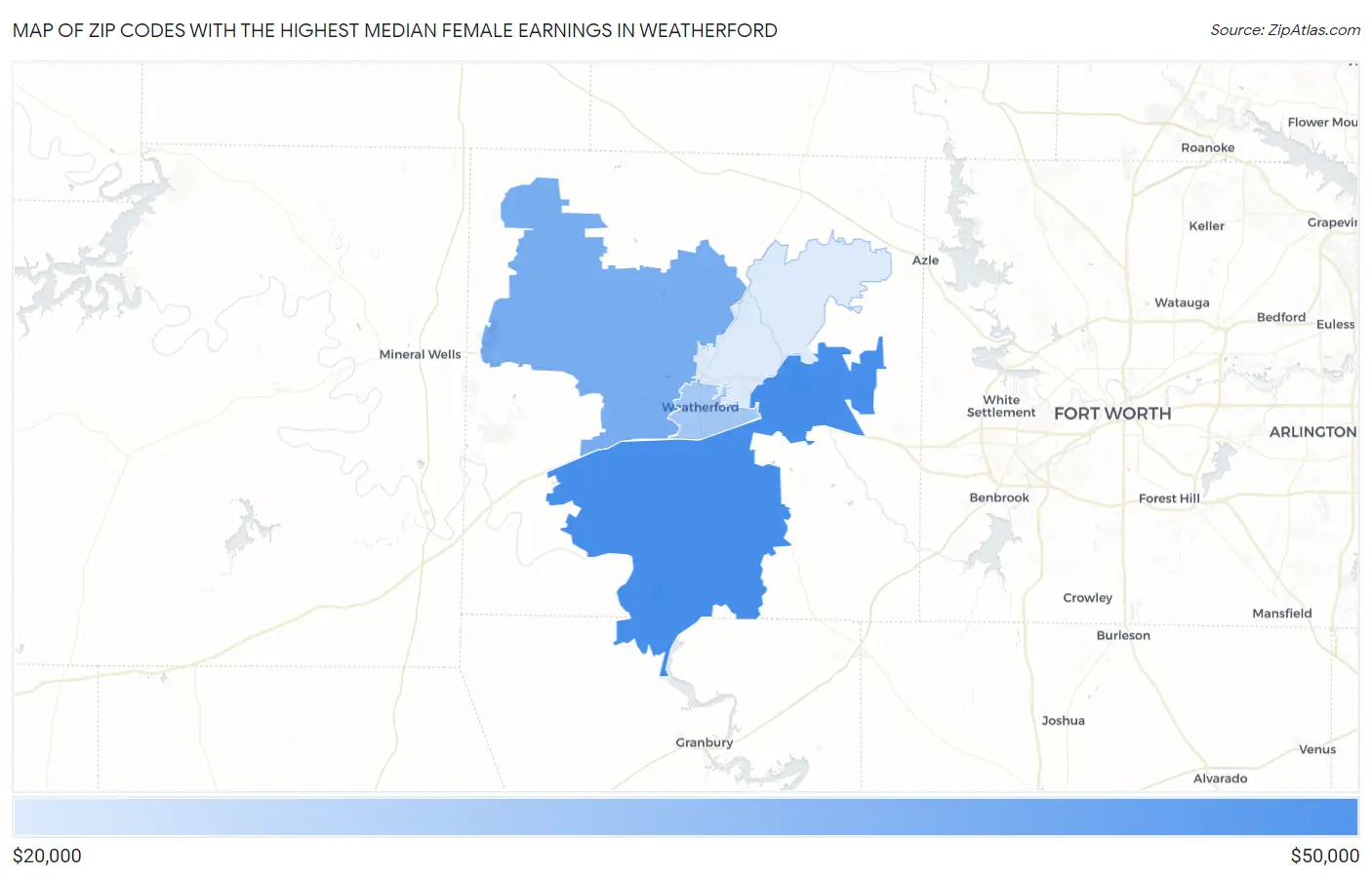 Zip Codes with the Highest Median Female Earnings in Weatherford Map